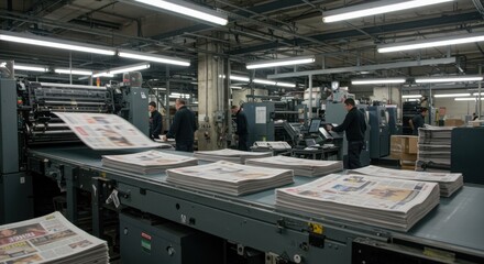 Newspaper Printing Process at Industrial Plant with Workers Manufacturing Daily News