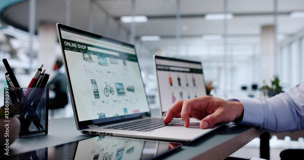Poster man using online ecommerce shop