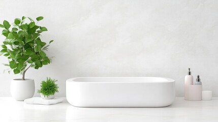 Fototapeta premium Modern, minimalist bathroom with a freestanding tub and greenery
