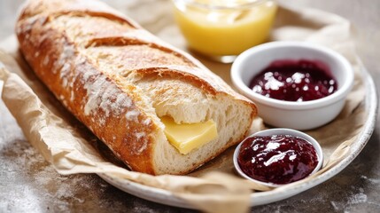A fresh baked baguette with butter and jam. Featuring simplicity and indulgence