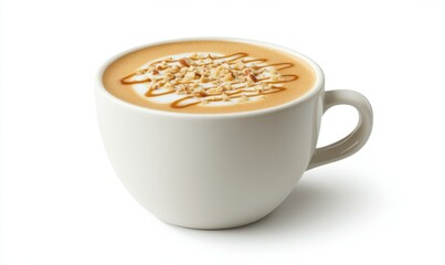 Caramel nut latte in white cup, isolated background; for cafe menus