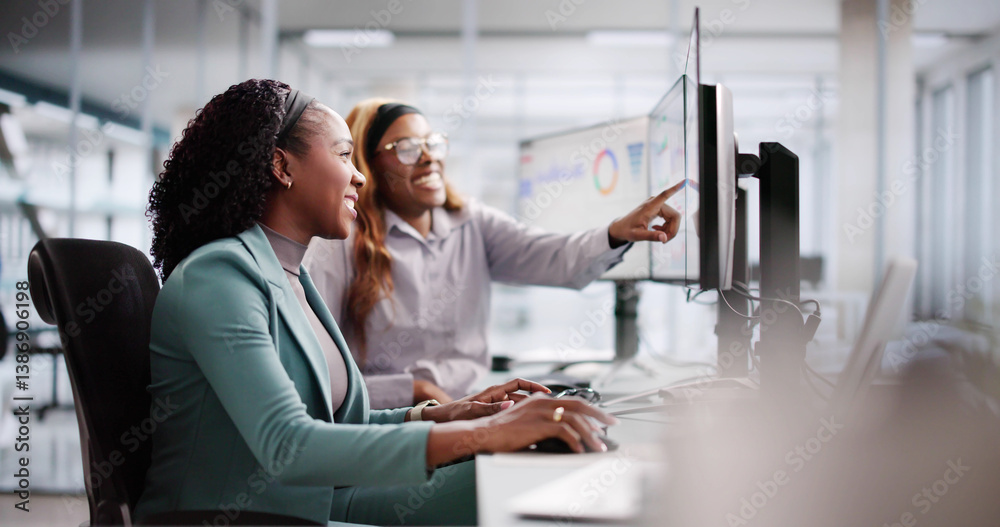 Poster female analyst using multiple screens