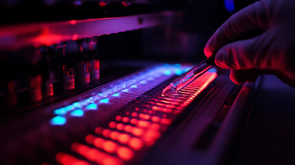 A scientist analyzing DNA sequences using advanced machines, modern laboratory with fluorescent lighting and equipment, High-tech style