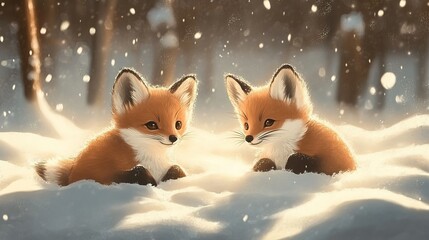 Fototapeta premium two small cute foxes in the snow,illustration,animals in the snow