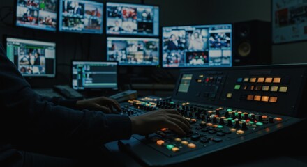 Operating Professional Video Switcher Mixer Broadcast Console with Multiple Screens