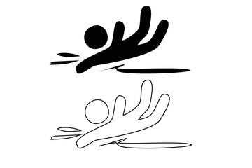 Caution symbols with stick figure man falling. Wet floor, tripping, falling from stairs, ladder, water, edge. Workplace safety and injury vector illustration