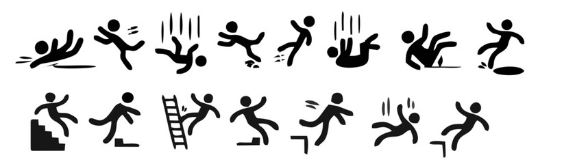 Caution symbols with stick figure man falling. Wet floor, tripping, falling from stairs, ladder, water, edge. Workplace safety and injury vector illustration © zi_zoup