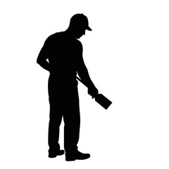 Painter worker silhouette holding a brush on white background, creativity