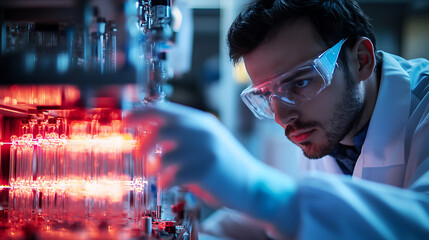 A scientist conducting experiments with quantum computers in a lab, high-tech research lab with quantum processors and advanced computing equipment, High-tech style