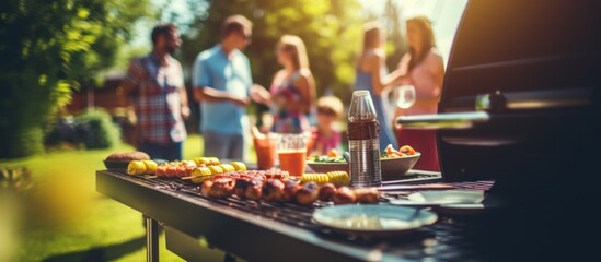 Obraz premium Happy people and family enjoy barbecue grill at summer garden party. AI generated