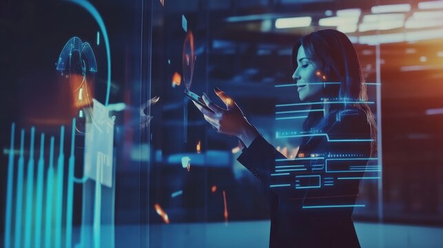Data Visualization, Female Executive Interacting with Digital Interface