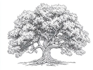Majestic oak tree drawing, nature illustration, peaceful background, design element