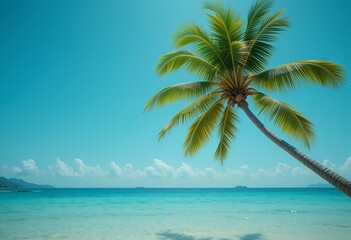 Vibrant Tropical Escape: Palm Tree Silhouette Against Azure Ocean and Sky View