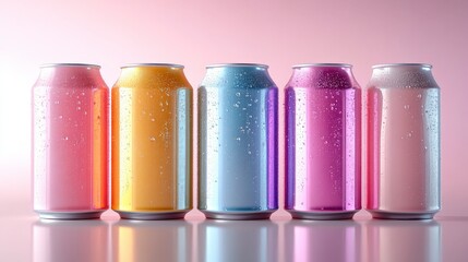 Five soft toned soda can mockups on solid background with soft lighting and minimalist design, ideal for beverage packaging and advertising concepts.