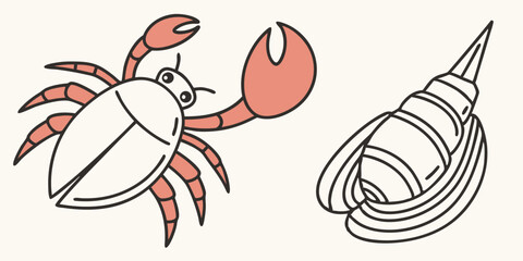 Vector Art of Crab and Shell - Perfect for Seafood and Marine Designs
