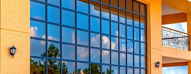Fototapeta premium Realistic Architectural Detail of Modern Building Facade with Large Windows and Colorful Exterior Elements Against a Reflective Sky