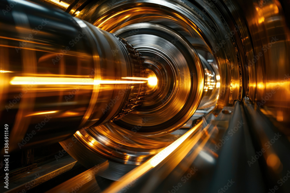 Aufkleber Glowing metallic cylinders rotate within a complex industrial machine, creating a mesmerizing visual effect.