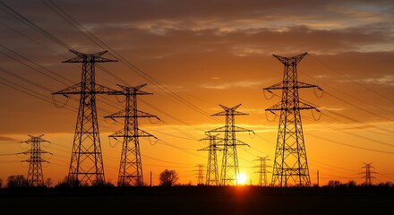 Golden Hour Power Lines: Electricity Transmission at Sunset AI Generated