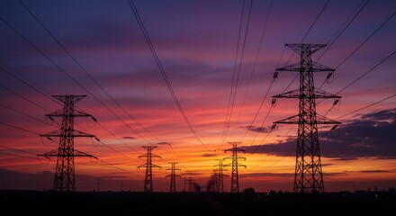 Power Lines at Sunset: Vibrant Evening Landscape Photography AI Generated