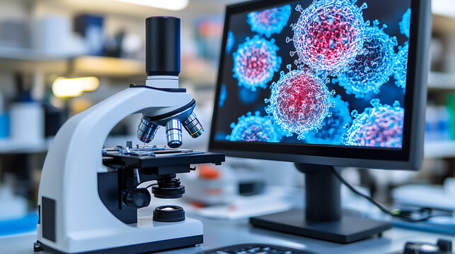 A scientist using a digital microscope to study viruses, high-tech laboratory with digital display showing virus structure on the microscope screen, High-tech style - Powered by Adobe
