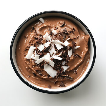 Creamy Chocolate Pudding with Coconut Flakes and Chocolate Shavings in a Bowl, Overhead Shot, White Background