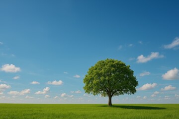 Solo Tree in Expansive Landscape: green tree stands, Minimalist tree with blue sky, world environmental day