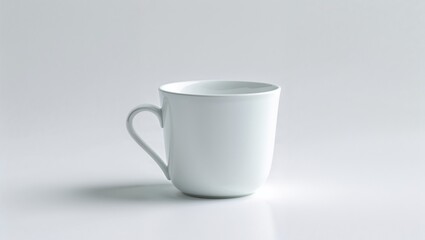 A simple, white ceramic mug with a comfortable handle sits upright against a light background, showcasing its minimalist design and smooth finish, ideal for any beverage.