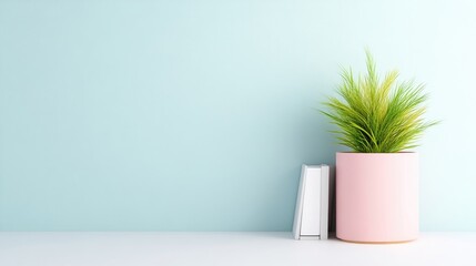 Fototapeta premium A pink planter holds a green plant a white book rests beside it. The minimalist composition features a pale blue wall. The image is high-quality with even lighting. Its clean style evokes calm. Soft