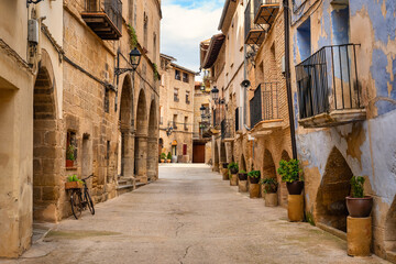 Picturesque streets with plants and arches in the medieval houses of the town of La Fresneda, Matarrana.
