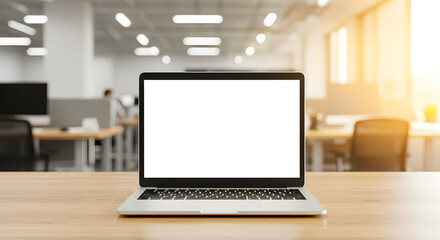 Laptop with Blank Screen on Wooden Desk in Modern Office Interior with Natural Light
