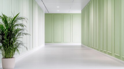 Fototapeta premium A pale green hallway features paneled walls and a potted plant. The bright, clean space has a minimalist design. The image is high-quality with even lighting. The aesthetic is calming and modern. T