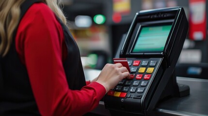 Making a purchase with credit card money at retail checkout indoor store action scene close-up view