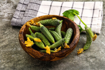 Raw gherkin cucumbers in the bowl