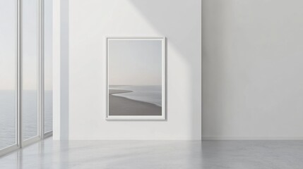 Minimalist Interior Design with Coastal Artwork in Modern Gallery Setting Featuring Natural Light and Ocean View