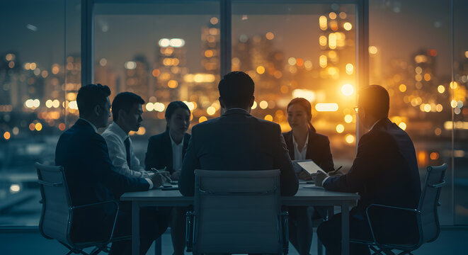 Diverse Business Team in a Meeting with Cityscape at Night Through Large Windows in a Modern Office