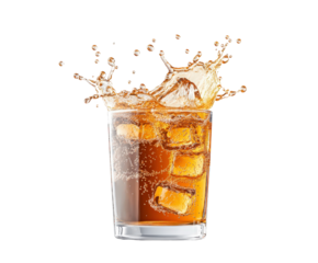 Splashing chilled and fizzy orange flavored beverage with fresh citrus wedges and ice cubes in a glass cup creating a dynamic and refreshing visual  The drink represents a cold
