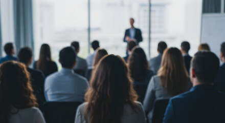Defocused Male Speaker Addressing a Large Audience in Bright Conference Room