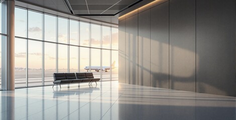 Empty airport terminal with sleek seats, modern graphic style, soft morning light background, concept of travel, journey, and trip calmness. Ai generative