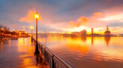 Obraz premium Golden Hour Cityscape Waterfront Serenity
