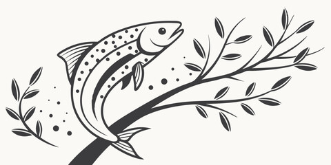 Stylized Vector Fish on a Branch with Leaves for Nature and Wildlife Designs