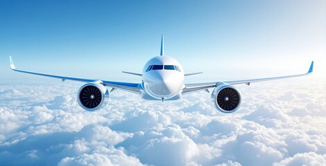 Airplane in flight above white clouds, hyper-realistic style, blue sky background. Concept of modern travel, aviation journey, dream trip. Ai generative