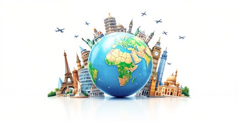 Globe with famous landmarks like Eiffel Tower and Big Ben, colorful cartoon style, on white background. Concept of global travel, journey, tourism. Ai generative