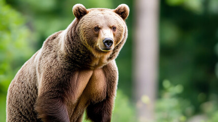Obraz premium powerful grizzly bear stands on its hind legs in lush forest, showcasing its strength and majesty. bear fur is thick and brown, blending with vibrant green surroundings