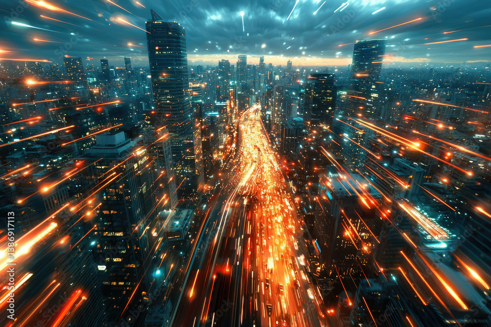 Poster a futuristic cityscape at night, vibrant with light trails depicting rapid data flow and technologic