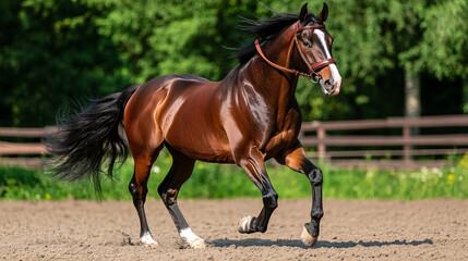 Fototapeta premium majestic stallion gallops energetically across sunlit field, its glossy coat shining and mane flowing. background features lush greenery and wooden fence, enhancing scene natural beauty