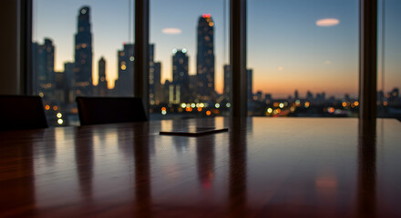 Fototapeta premium City Skyline View Through Office Window at Dusk Featuring Skyscrapers and Evening Sky in Chicago Downtown Illinois