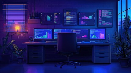 Fototapeta premium Futuristic workspace with multiple digital screens displaying data and graphs in a modern office setting at night