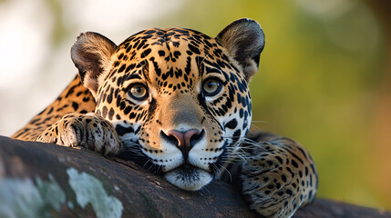 Obraz premium striking jaguar rests on tree branch, its piercing eyes gazing intently. sunlight highlights its beautiful spotted fur, creating serene and majestic scene in lush forest