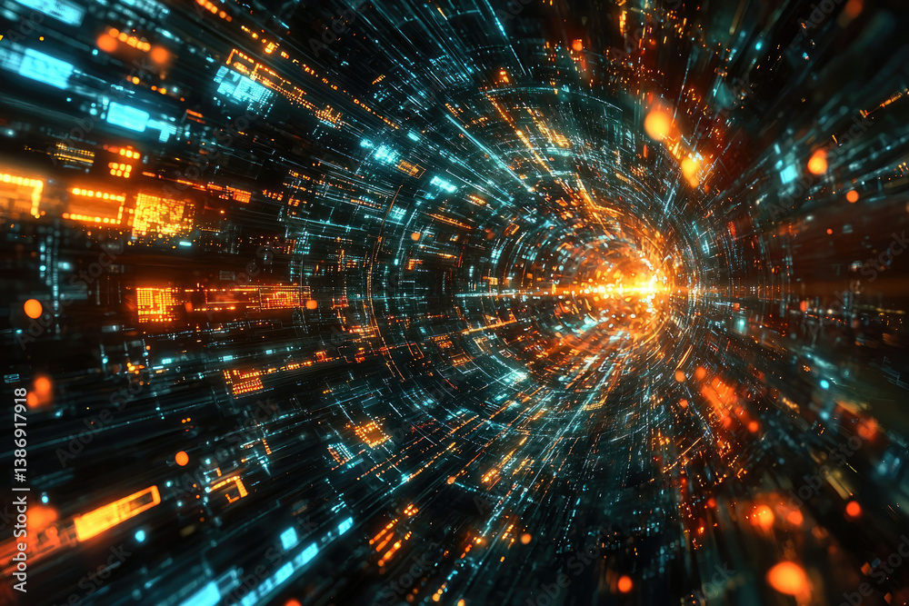 Poster abstract digital tunnel with glowing orange and teal lines, representing data flow and futuristic te