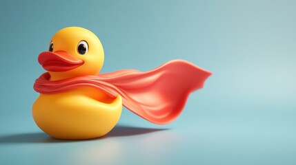A whimsical yellow rubber duck with a flowing red cape on light blue background